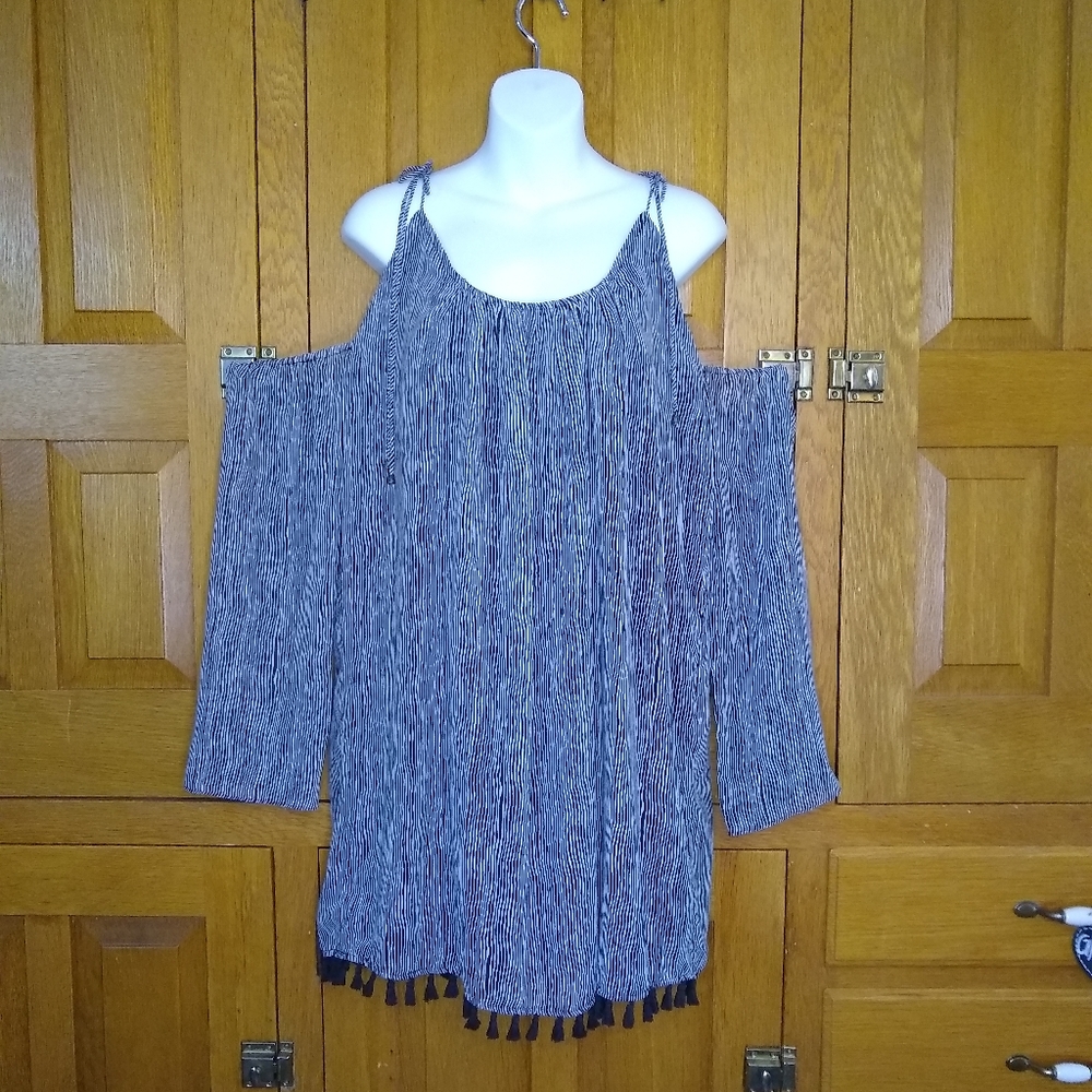 Heartloom baby& white striped tasseled cold shoulder dress